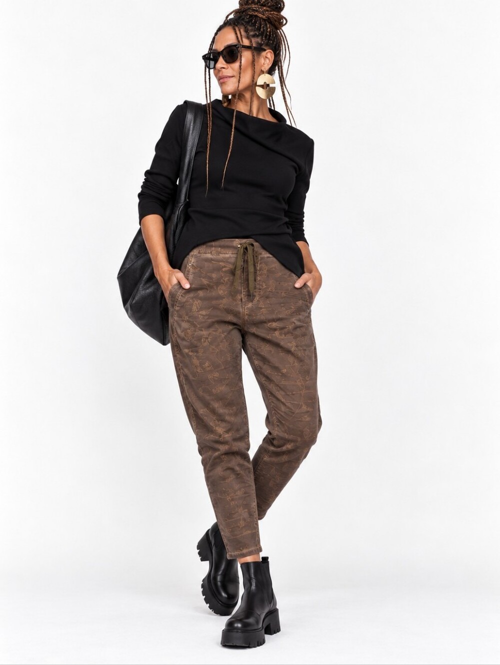 Alembika Brown Floral Print Stretch Drawstring Pants Size 5 US 18-20 NWT